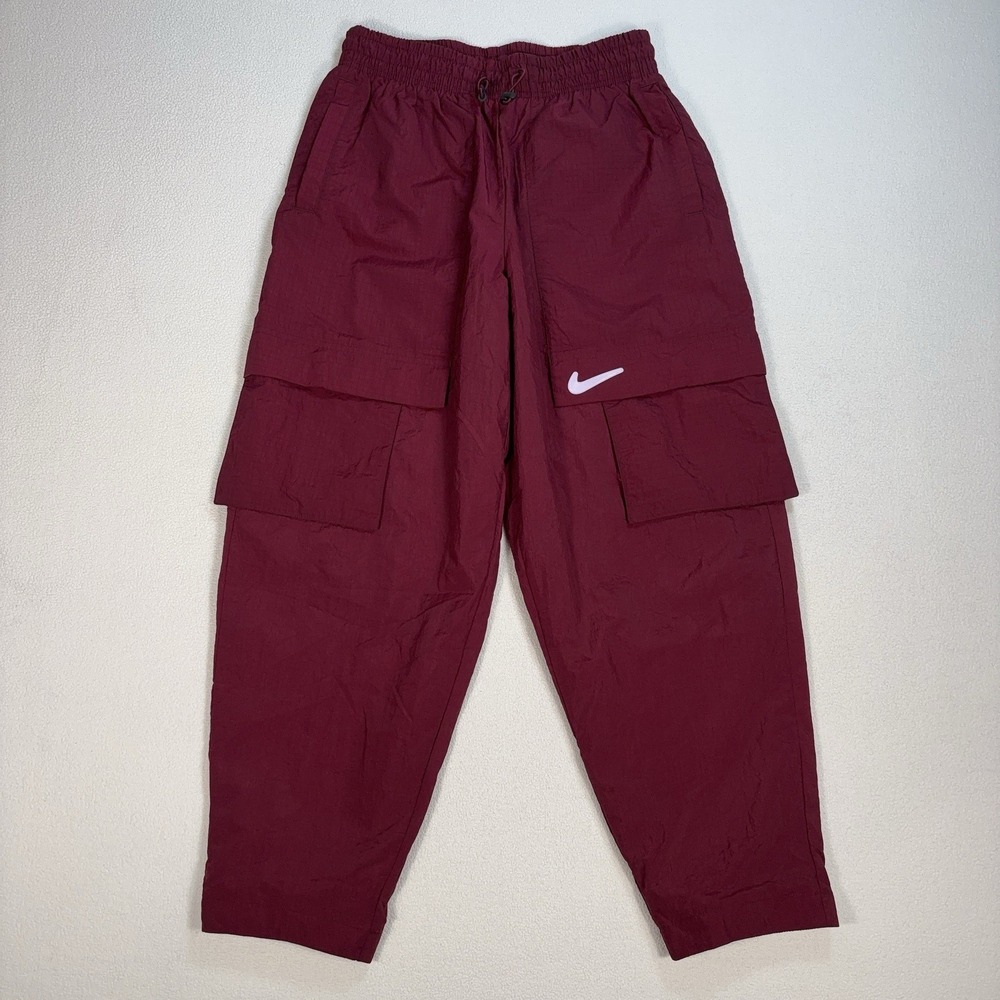 Nike Nylon Cargo Pants Women S Burgundy Tapered Mesh Lined Ripstop Swoosh DR5622